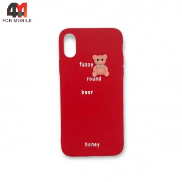 Чехол Iphone X/Xs силиконовый с мишкой, красного цвета