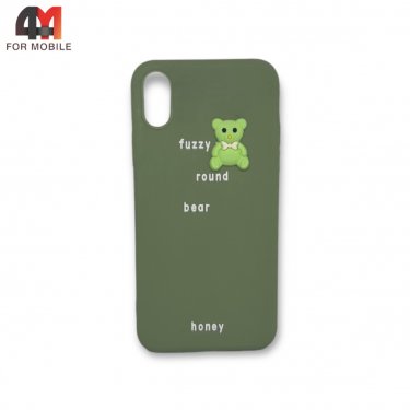 Чехол Iphone X/Xs силиконовый с мишкой, зеленого цвета