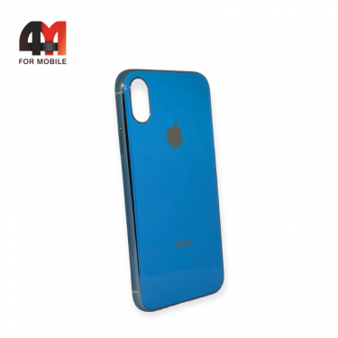 Чехол Iphone X/Xs силиконовый, глянцевый с логотипом, голубого цвета, Hicool