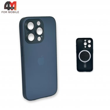 Чехол Iphone 15 Pro пластиковый, Glass Case + MagSafe, черно-синего цвета