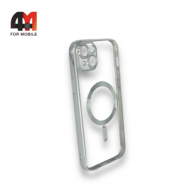 Чехол Iphone 14 Plus силиконовый, плотный + MagSafe, серебристого цвета, J-Case