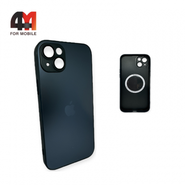 Чехол Iphone 15 пластиковый, Glass Case + MagSafe, черно-синего цвета